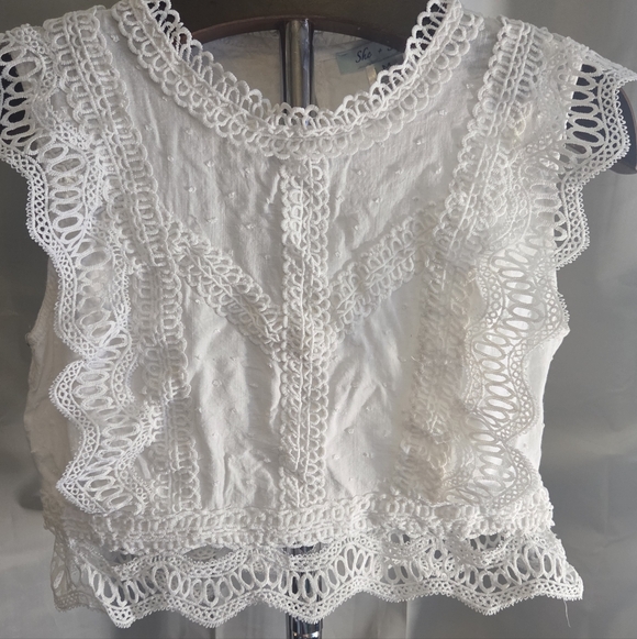 She + Sky Tops - She + Sky White Lace Crop Top – Boho Cottagecore Crochet Blouse